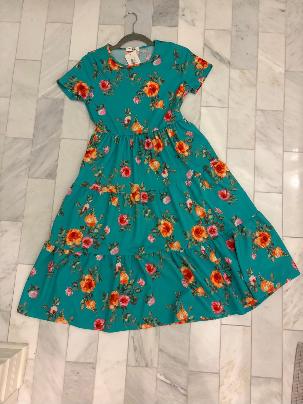 Teal Floral Tiered Dress